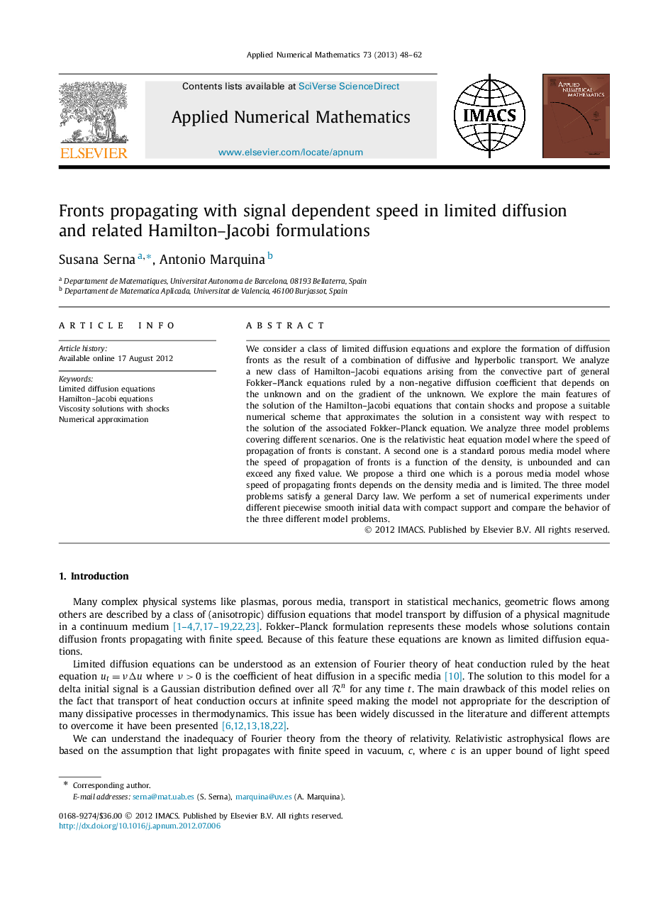 Fronts propagating with signal dependent speed in limited diffusion and related Hamilton–Jacobi formulations