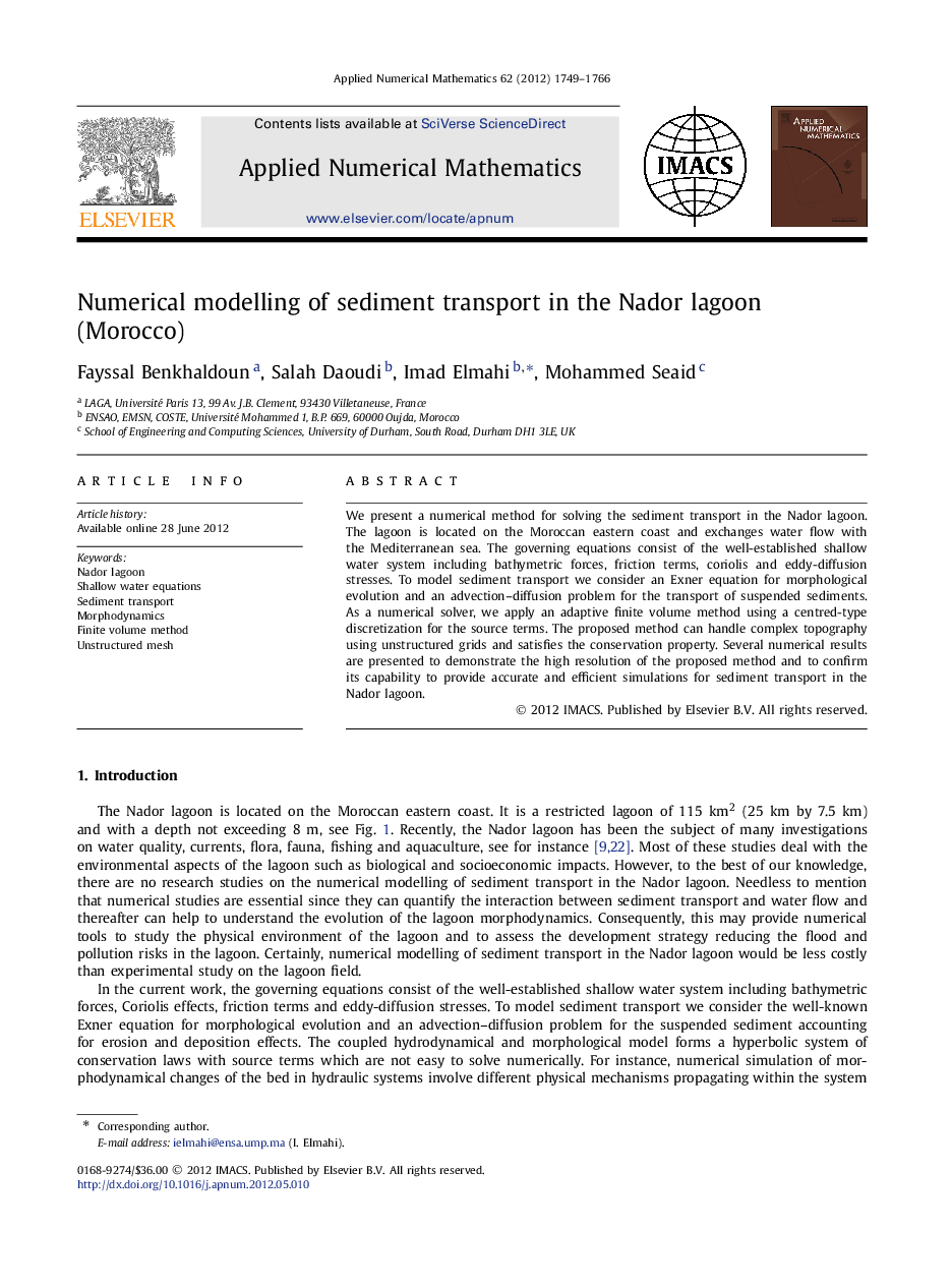 Numerical modelling of sediment transport in the Nador lagoon (Morocco)