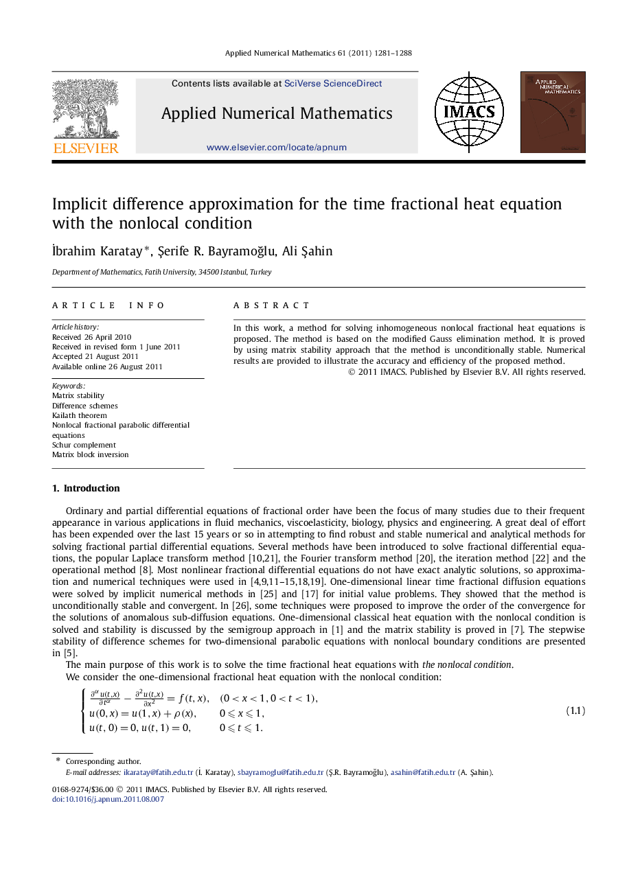 Implicit difference approximation for the time fractional heat equation with the nonlocal condition