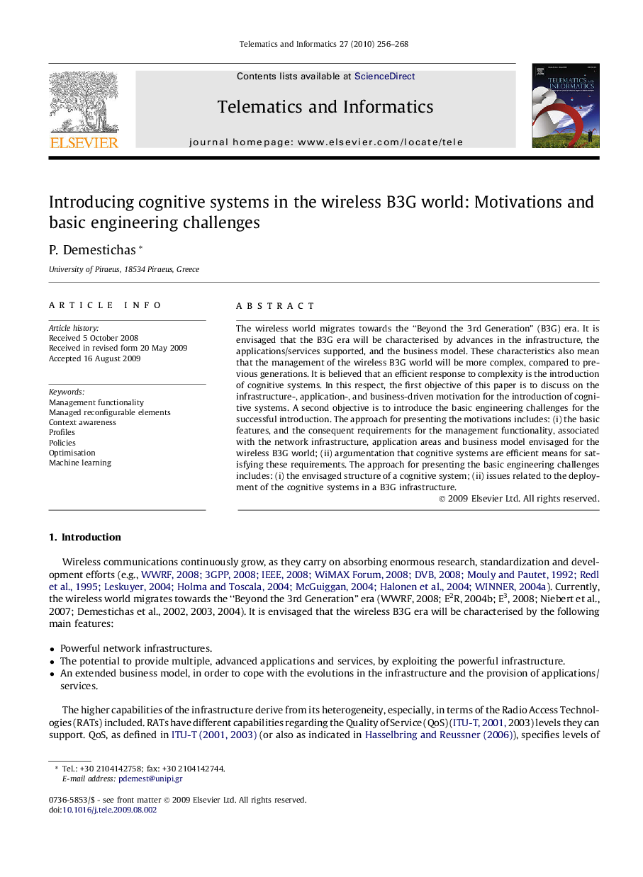 Introducing cognitive systems in the wireless B3G world: Motivations and basic engineering challenges