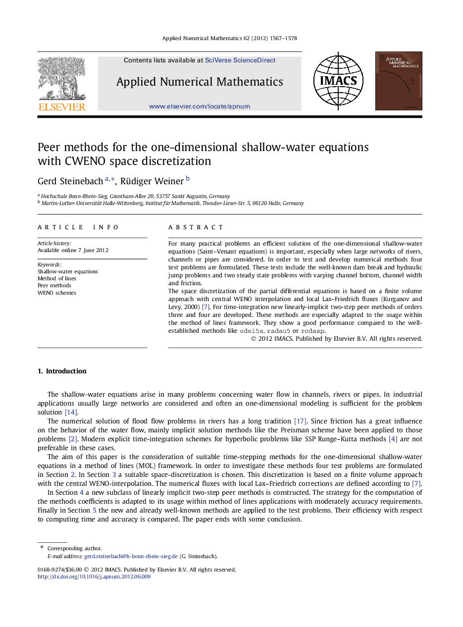 Peer methods for the one-dimensional shallow-water equations with CWENO space discretization