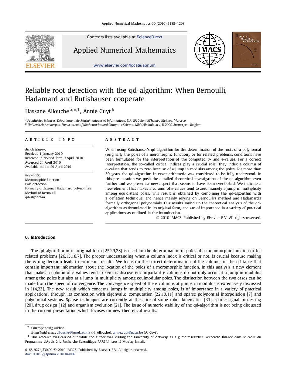 عکس صفحه اول مقاله: Reliable root detection with the qd-algorithm: When Bernoulli, Hadamard and Rutishauser cooperate Reliable root detection with the qd-algorithm: When Bernoulli, Hadamard and Rutishauser cooperate