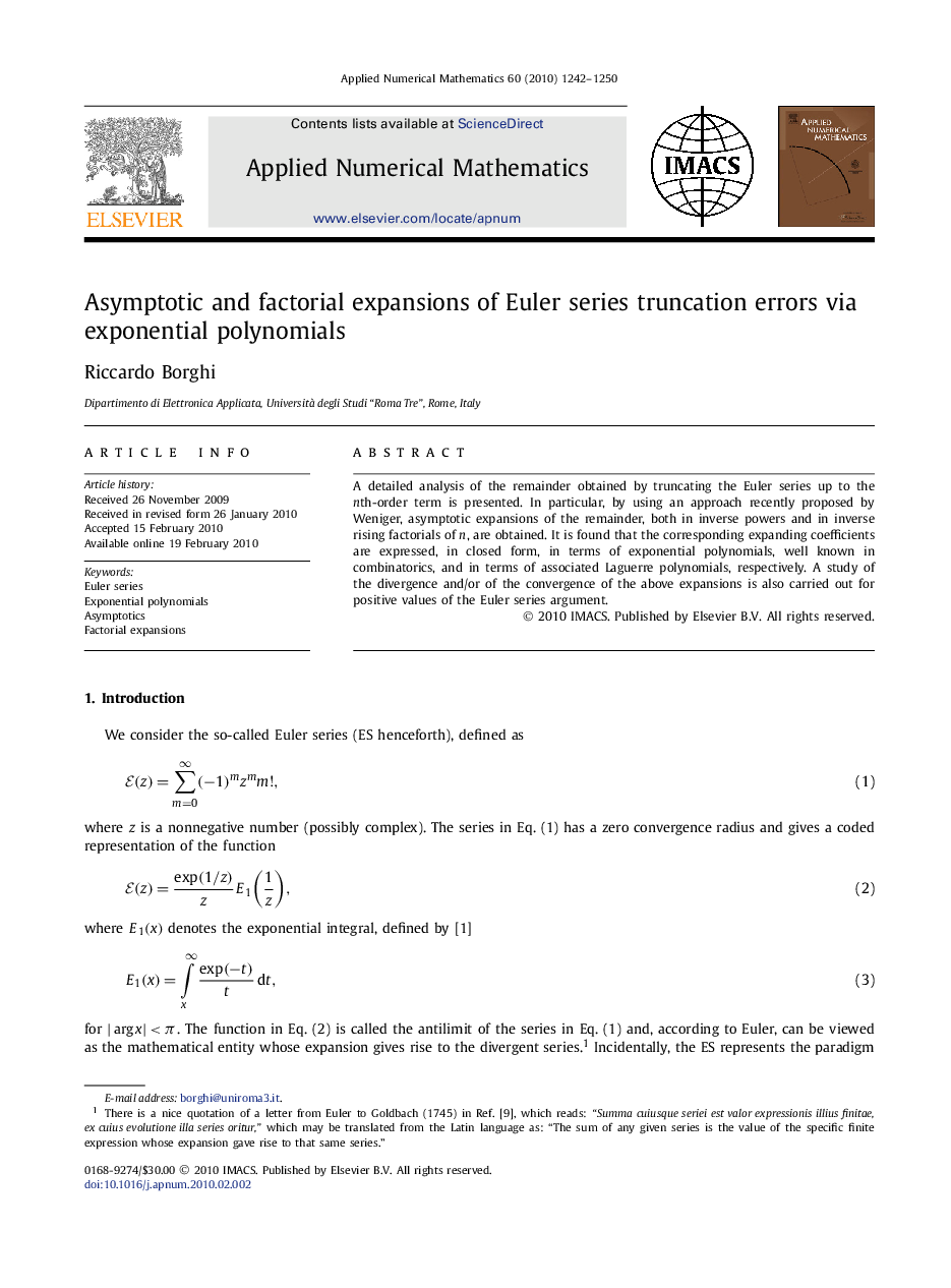 عکس صفحه اول مقاله: Asymptotic and factorial expansions of Euler series truncation errors via exponential polynomials Asymptotic and factorial expansions of Euler series truncation errors via exponential polynomials