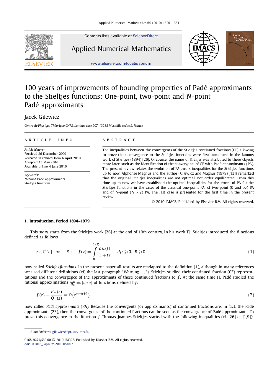 عکس صفحه اول مقاله: 100 years of improvements of bounding properties of Padé approximants to the Stieltjes functions: One-point, two-point and N-point Padé approximants 100 years of improvements of bounding properties of Padé approximants to the Stieltjes functions: One-point, two-point and N-point Padé approximants