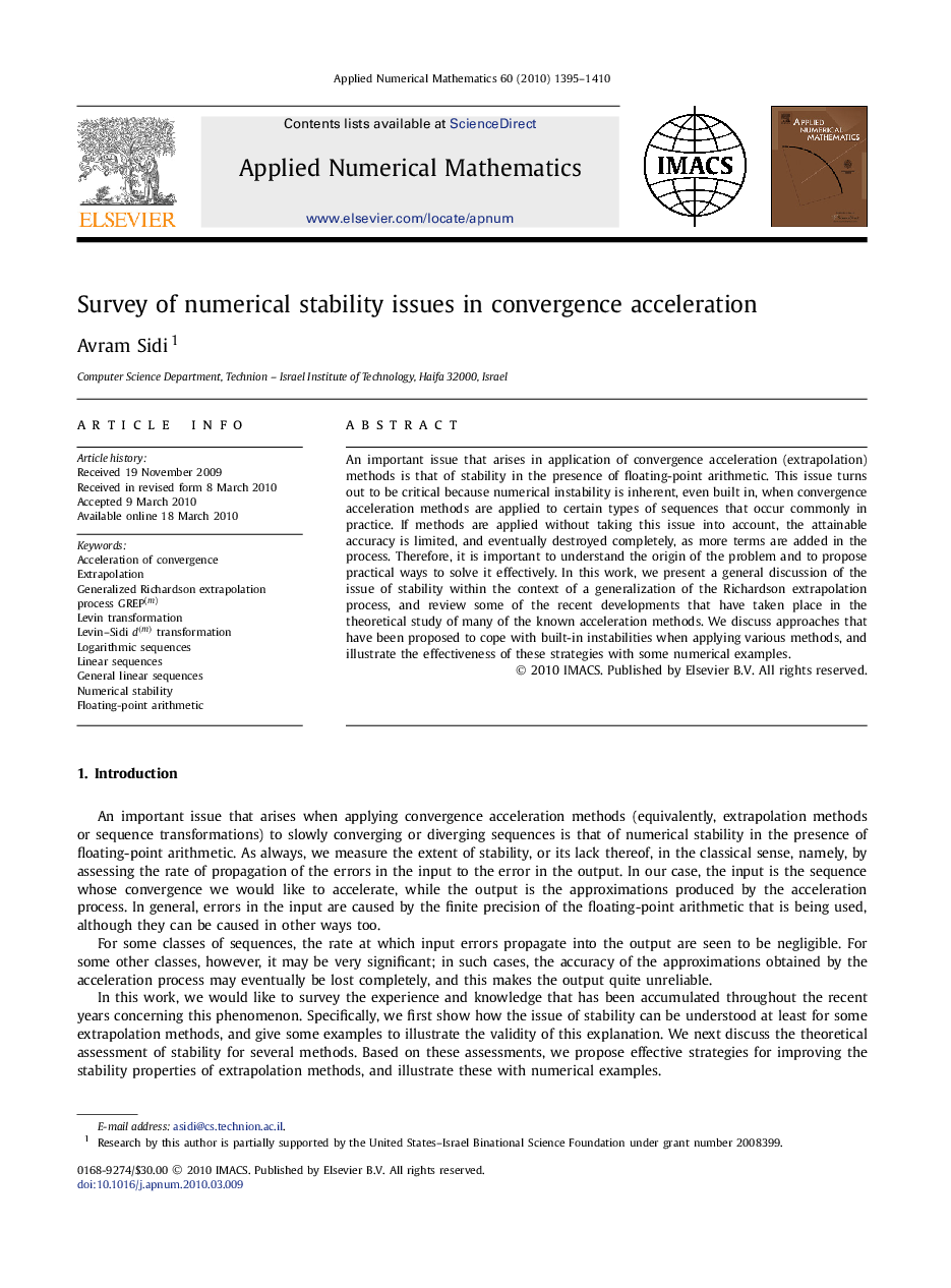 عکس صفحه اول مقاله: Survey of numerical stability issues in convergence acceleration Survey of numerical stability issues in convergence acceleration