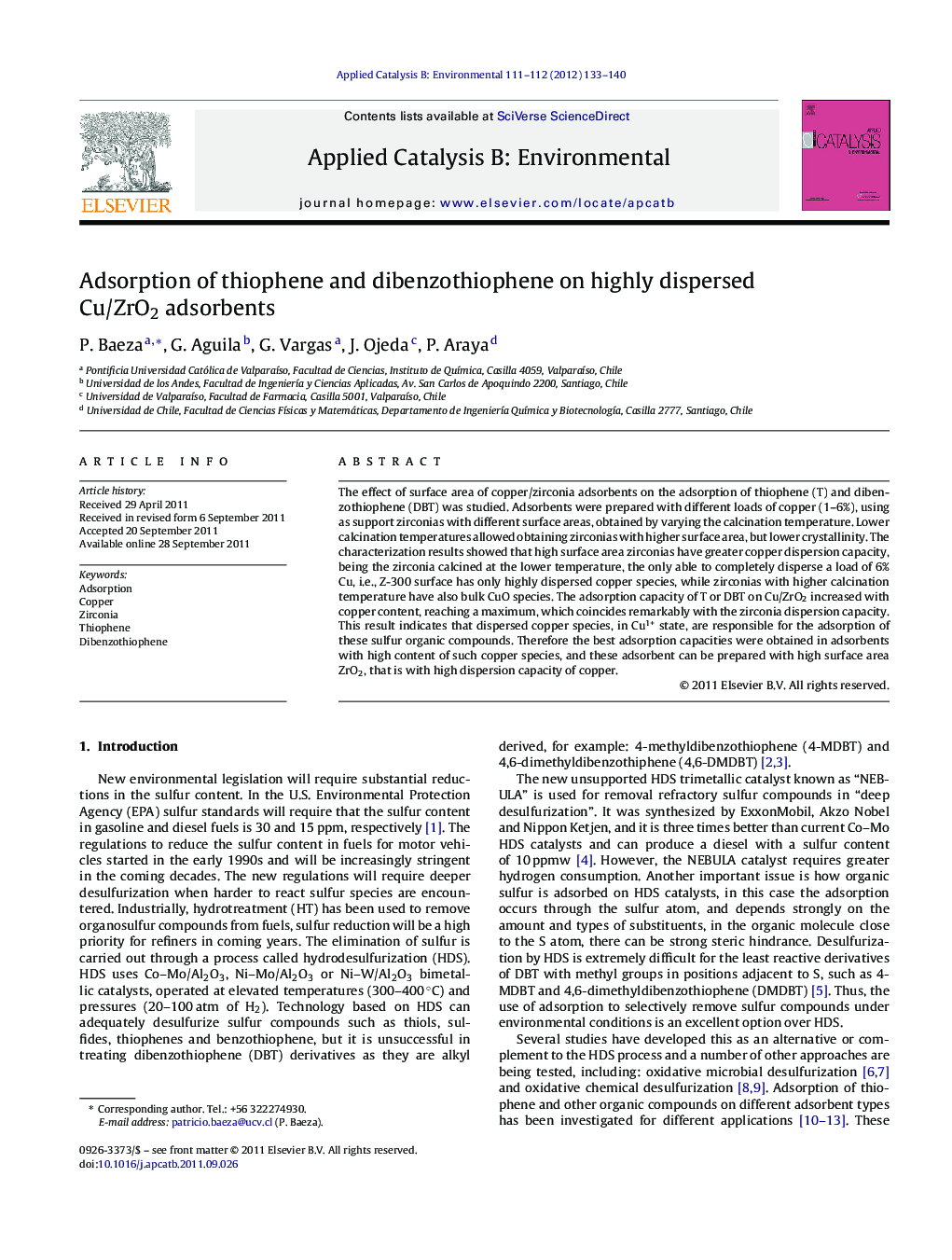 Adsorption of thiophene and dibenzothiophene on highly dispersed Cu/ZrO2 adsorbents