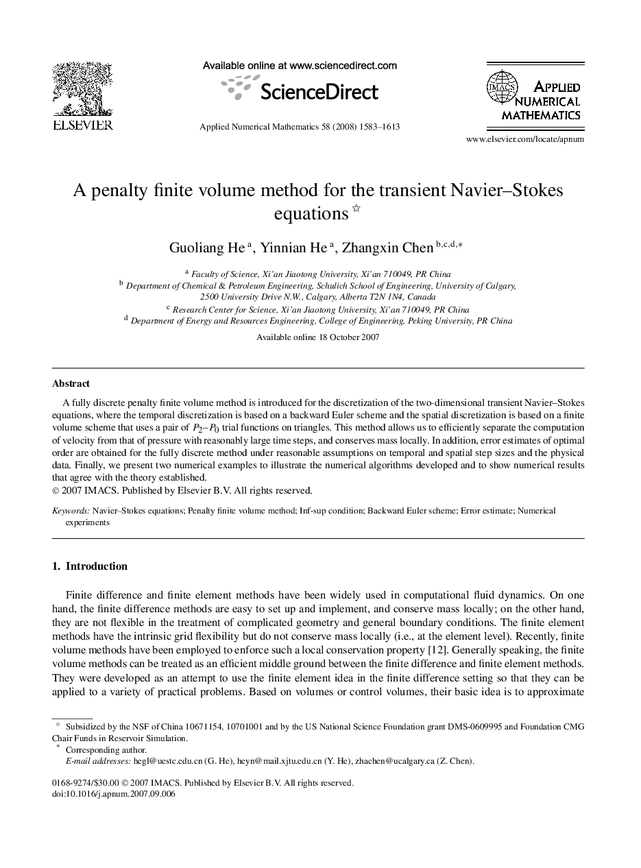 A penalty finite volume method for the transient Navier–Stokes equations 