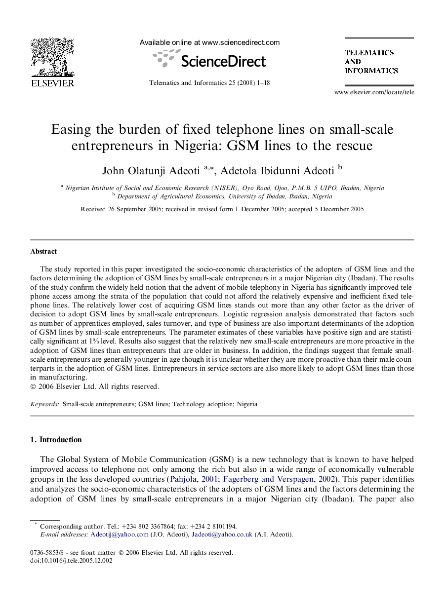 Easing the burden of fixed telephone lines on small-scale entrepreneurs in Nigeria: GSM lines to the rescue