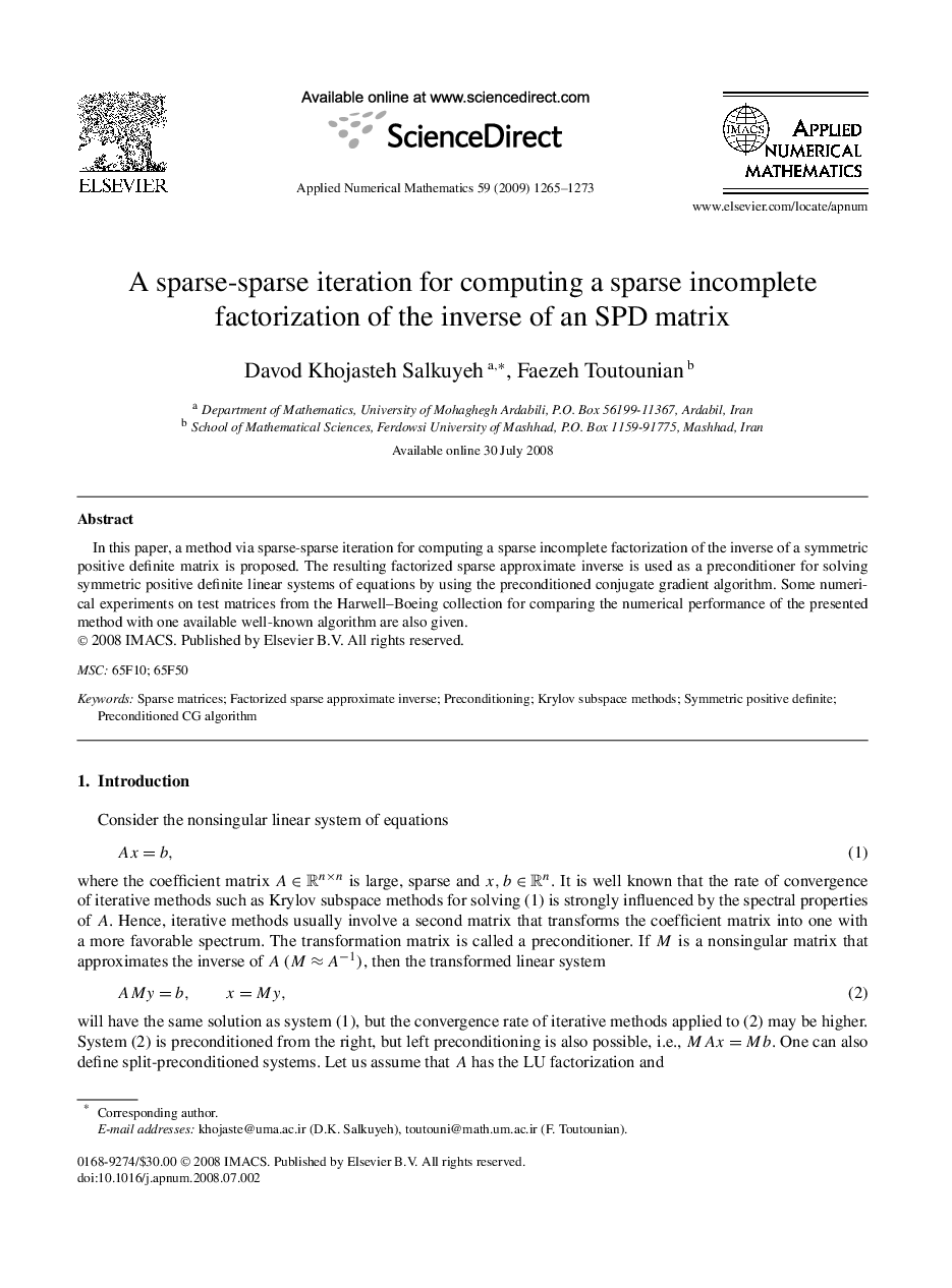 A sparse-sparse iteration for computing a sparse incomplete factorization of the inverse of an SPD matrix