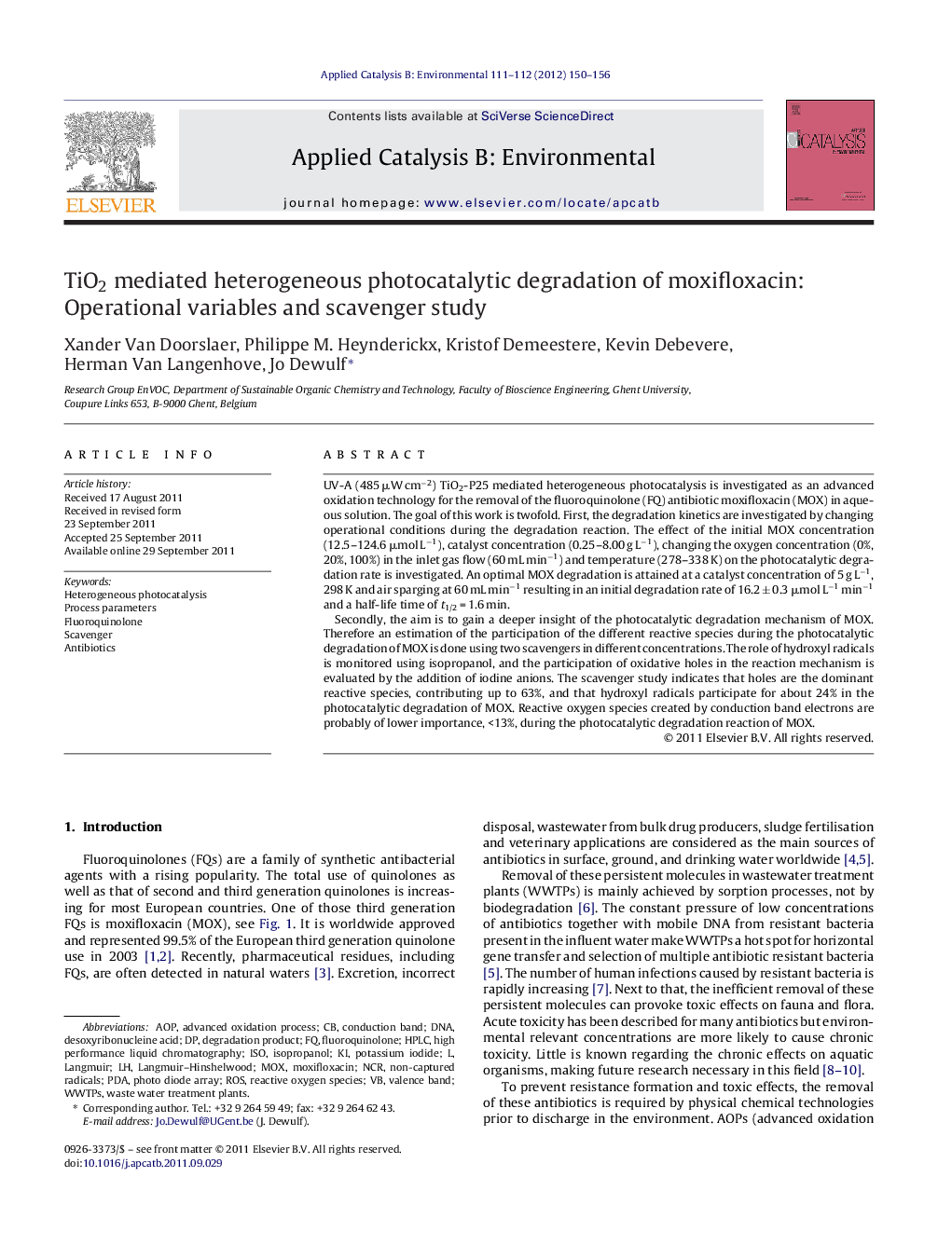 TiO2 mediated heterogeneous photocatalytic degradation of moxifloxacin: Operational variables and scavenger study