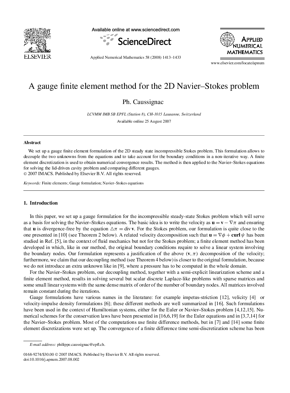 A gauge finite element method for the 2D Navier–Stokes problem