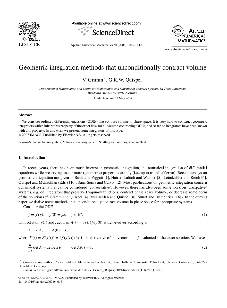 Geometric integration methods that unconditionally contract volume