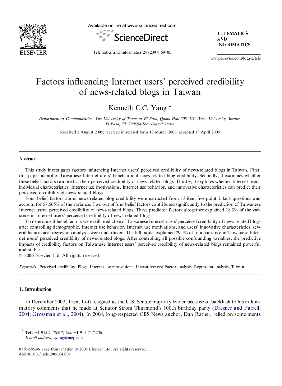 Factors influencing Internet users’ perceived credibility of news-related blogs in Taiwan