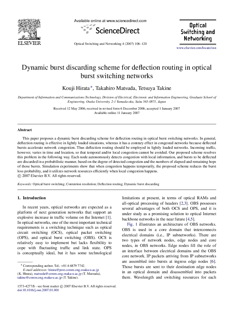 Dynamic burst discarding scheme for deflection routing in optical burst switching networks