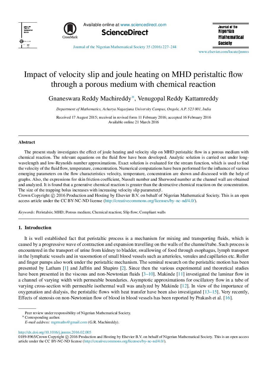 Impact of velocity slip and joule heating on MHD peristaltic flow through a porous medium with chemical reaction 