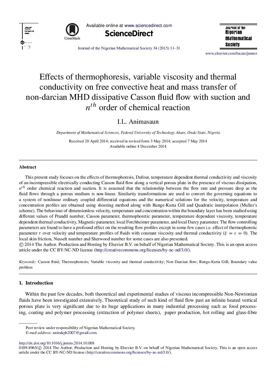 Effects of thermophoresis, variable viscosity and thermal conductivity on free convective heat and mass transfer of non-darcian MHD dissipative Casson fluid flow with suction and nthnth order of chemical reaction 