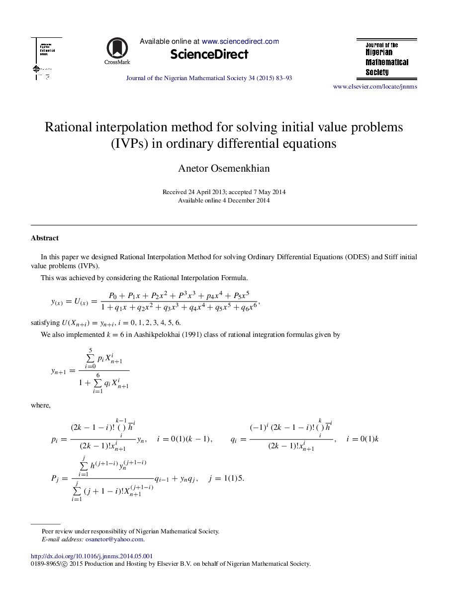 Rational interpolation method for solving initial value problems (IVPs) in ordinary differential equations 