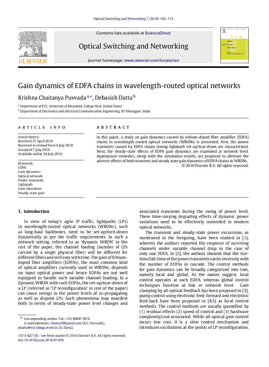 Gain dynamics of EDFA chains in wavelength-routed optical networks