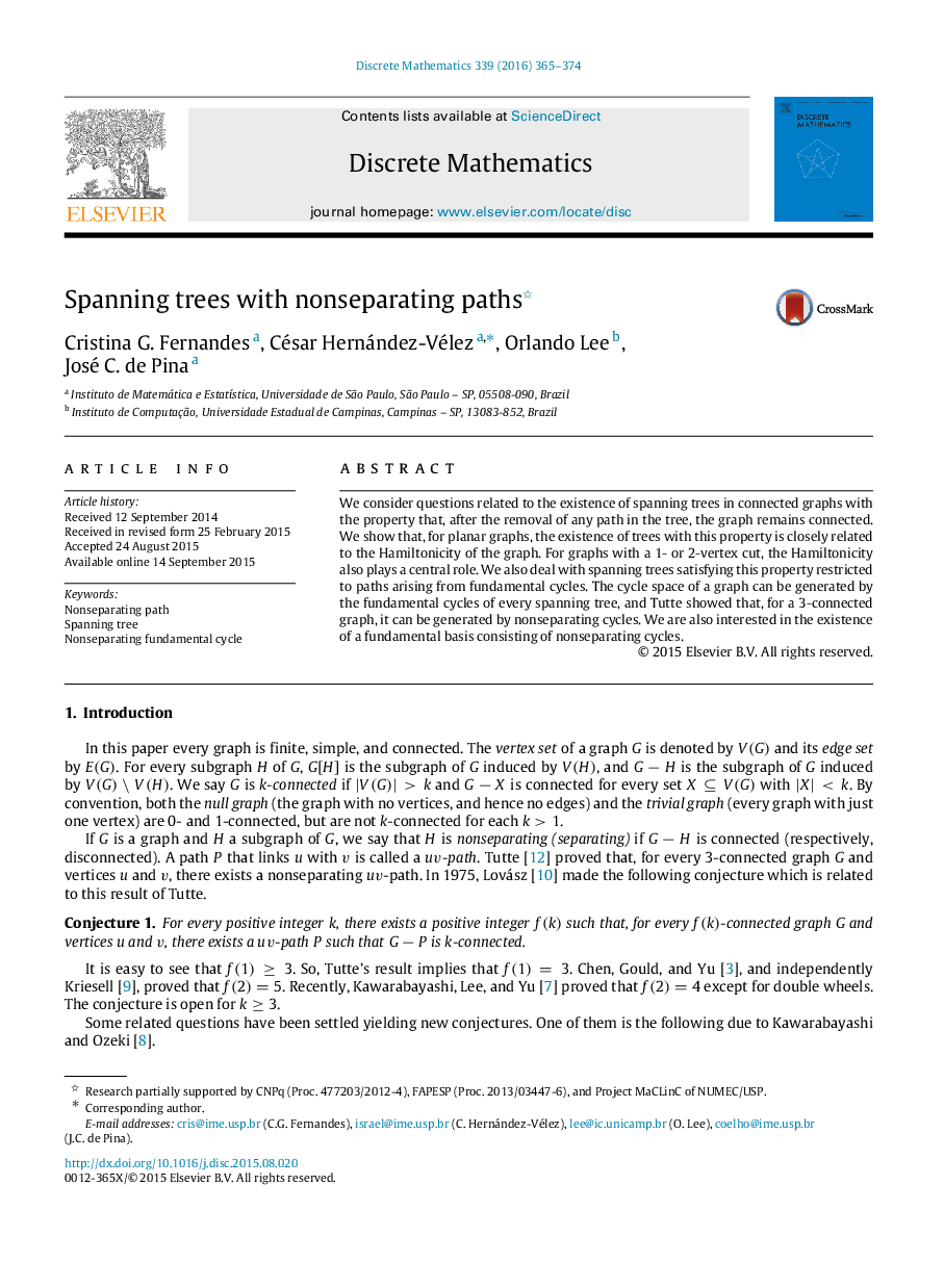 Spanning trees with nonseparating paths