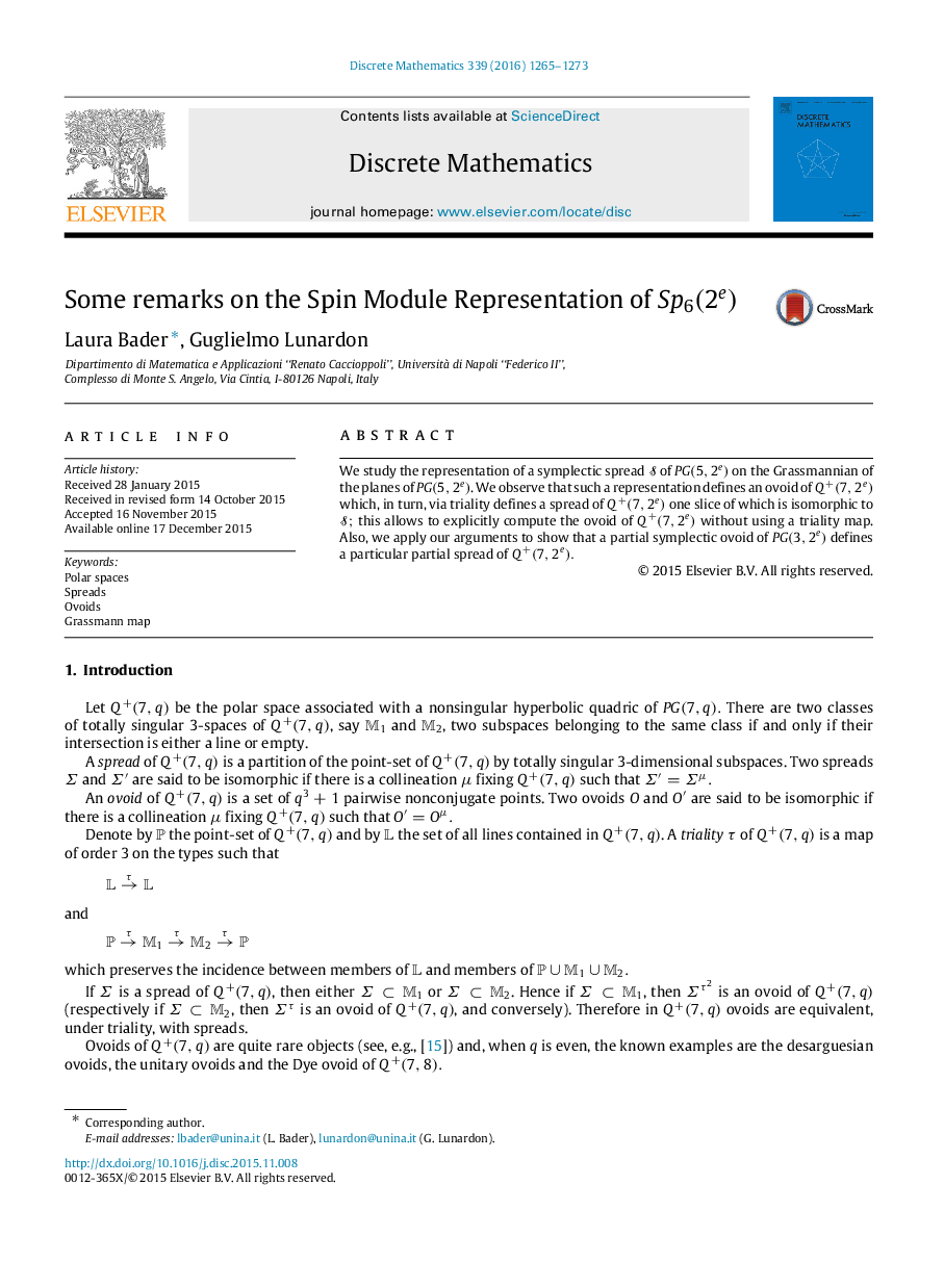 Some remarks on the Spin Module Representation of Sp6(2e)Sp6(2e)