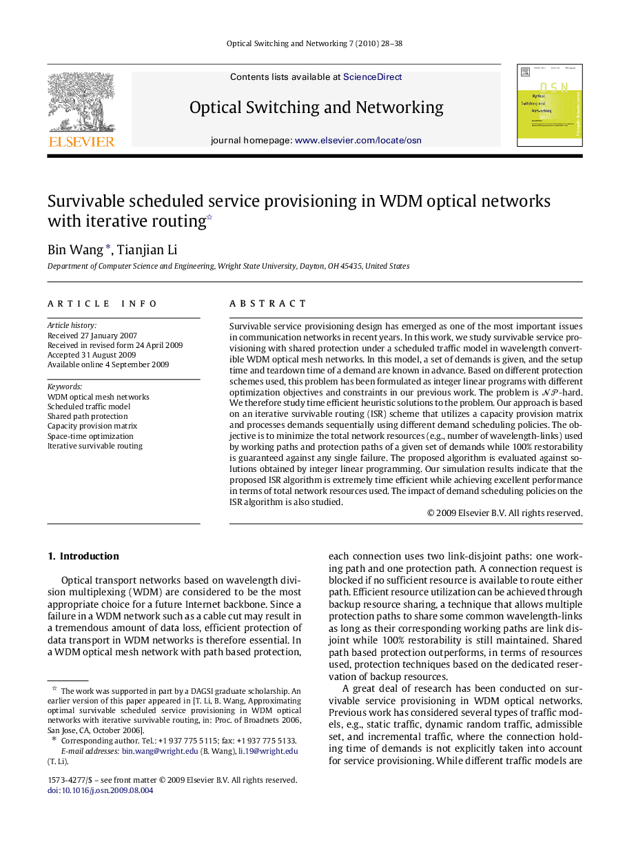 Survivable scheduled service provisioning in WDM optical networks with iterative routing 