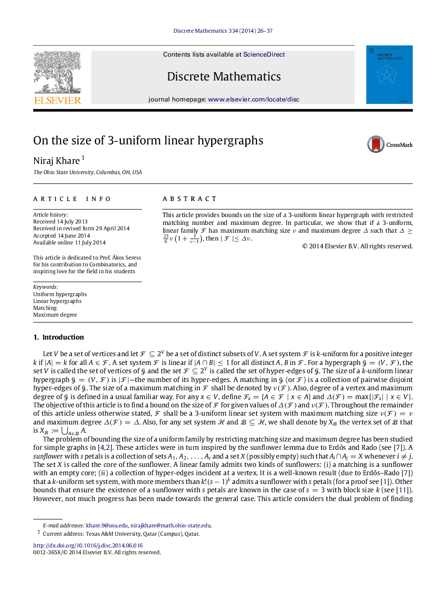 On the size of 33-uniform linear hypergraphs