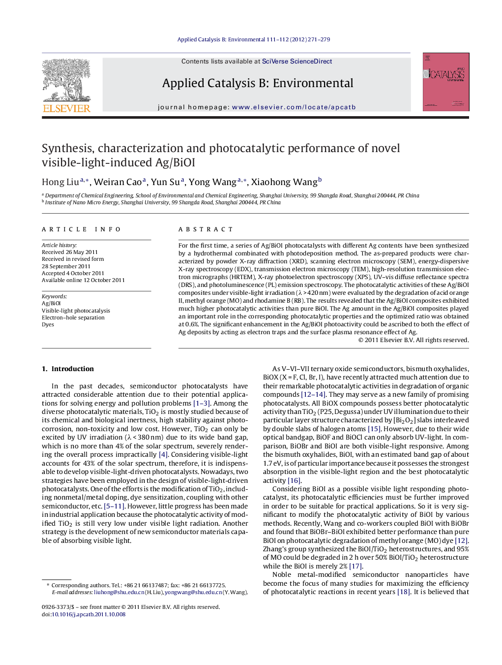 Synthesis, characterization and photocatalytic performance of novel visible-light-induced Ag/BiOI