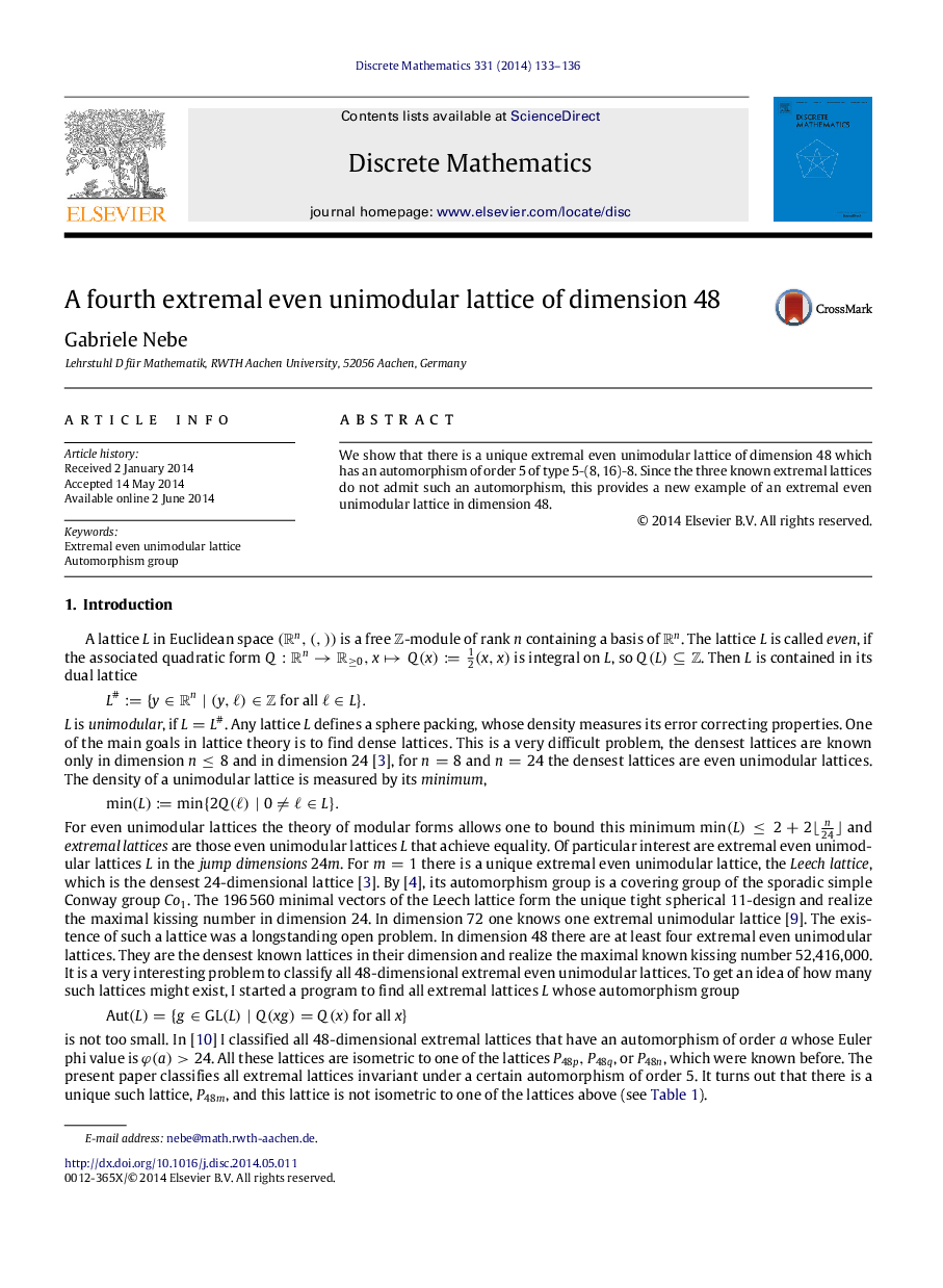 A fourth extremal even unimodular lattice of dimension 48