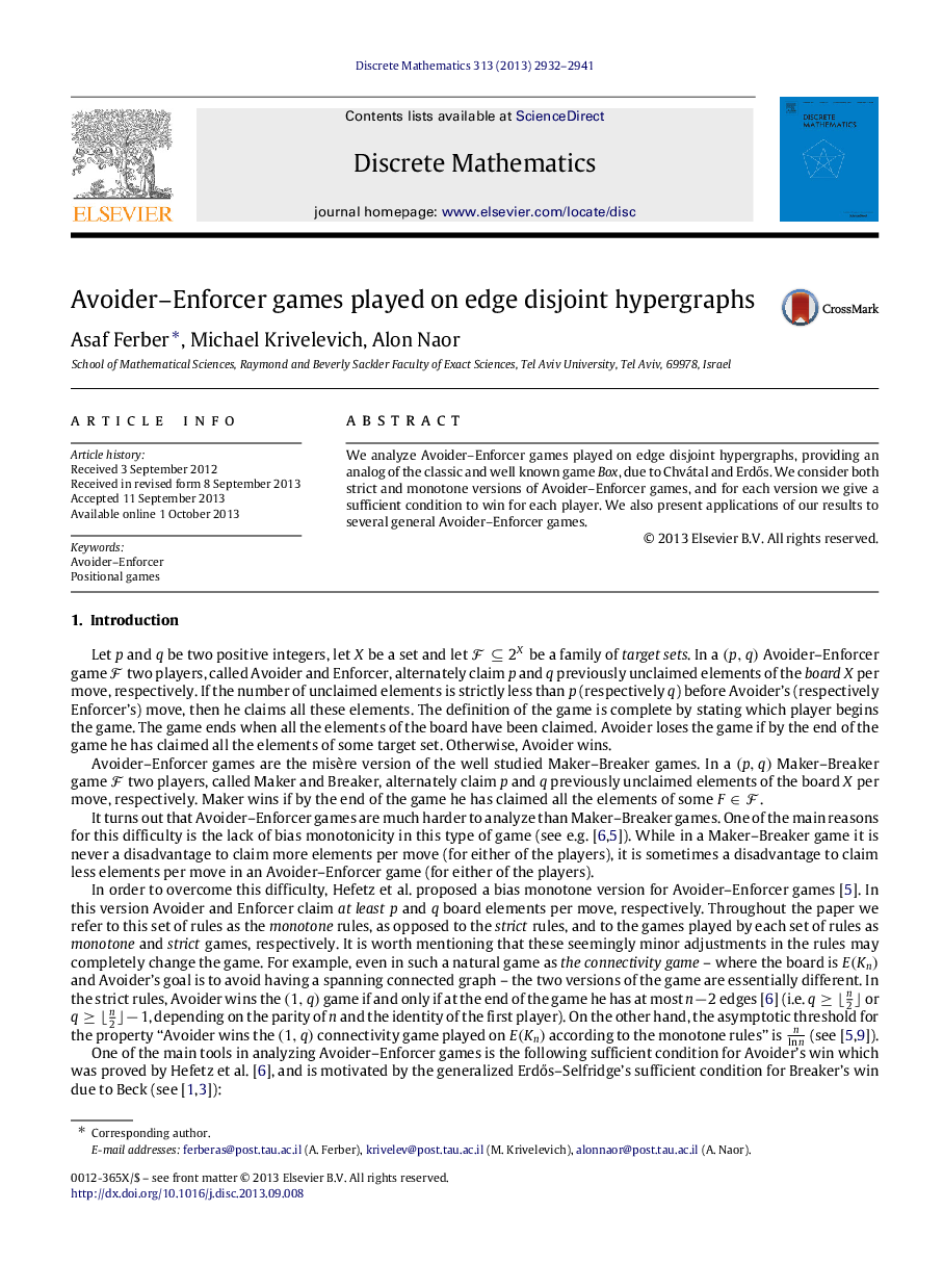 Avoider-Enforcer games played on edge disjoint hypergraphs