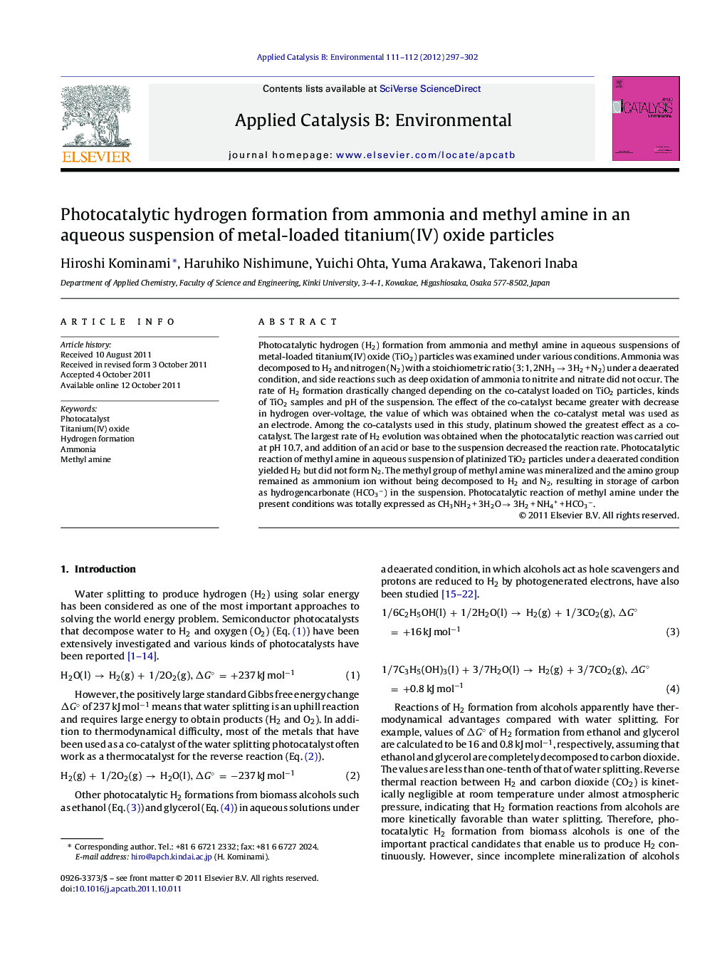 Photocatalytic hydrogen formation from ammonia and methyl amine in an aqueous suspension of metal-loaded titanium(IV) oxide particles