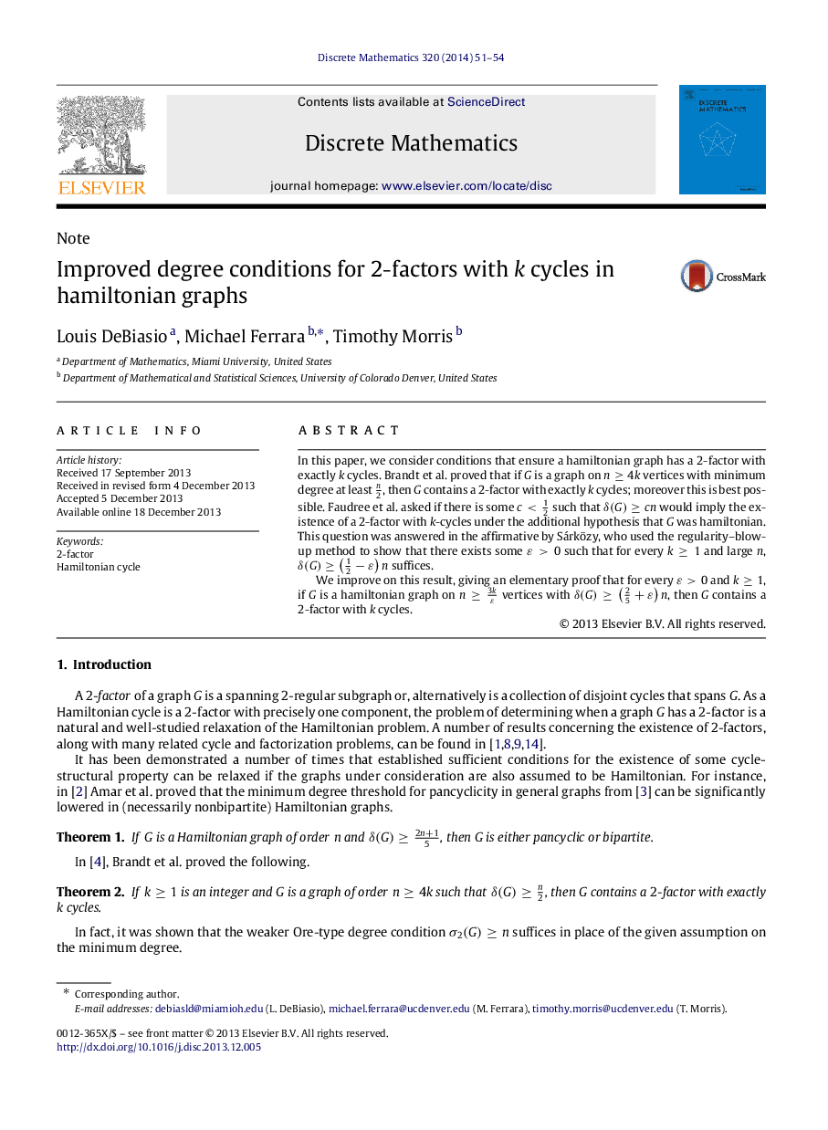 عکس صفحه اول مقاله: Improved degree conditions for 2-factors with k cycles in hamiltonian graphs Improved degree conditions for 2-factors with k cycles in hamiltonian graphs