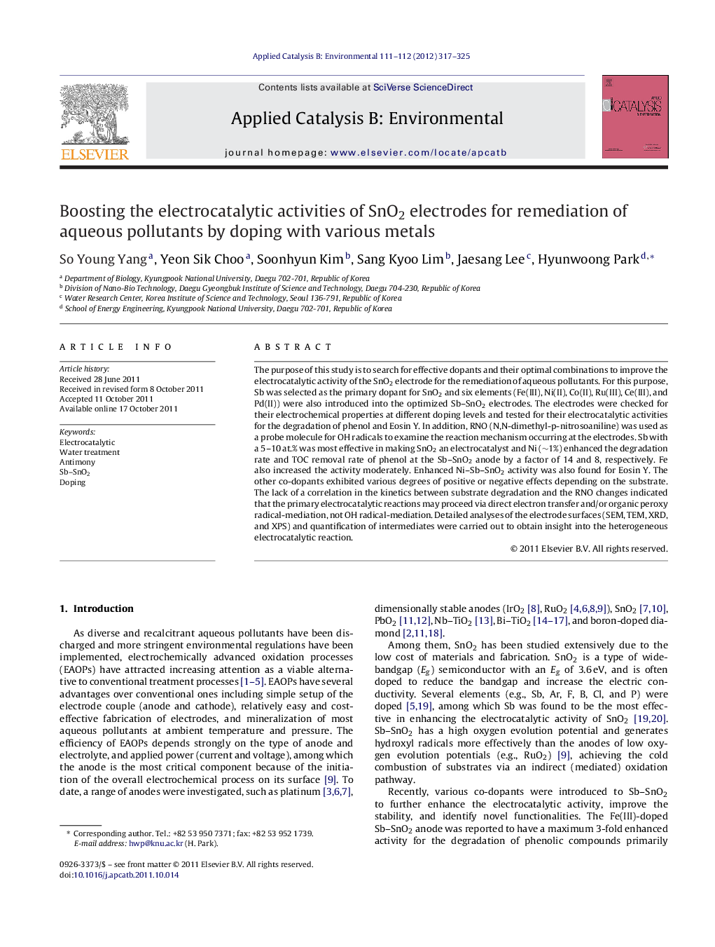 Boosting the electrocatalytic activities of SnO2 electrodes for remediation of aqueous pollutants by doping with various metals