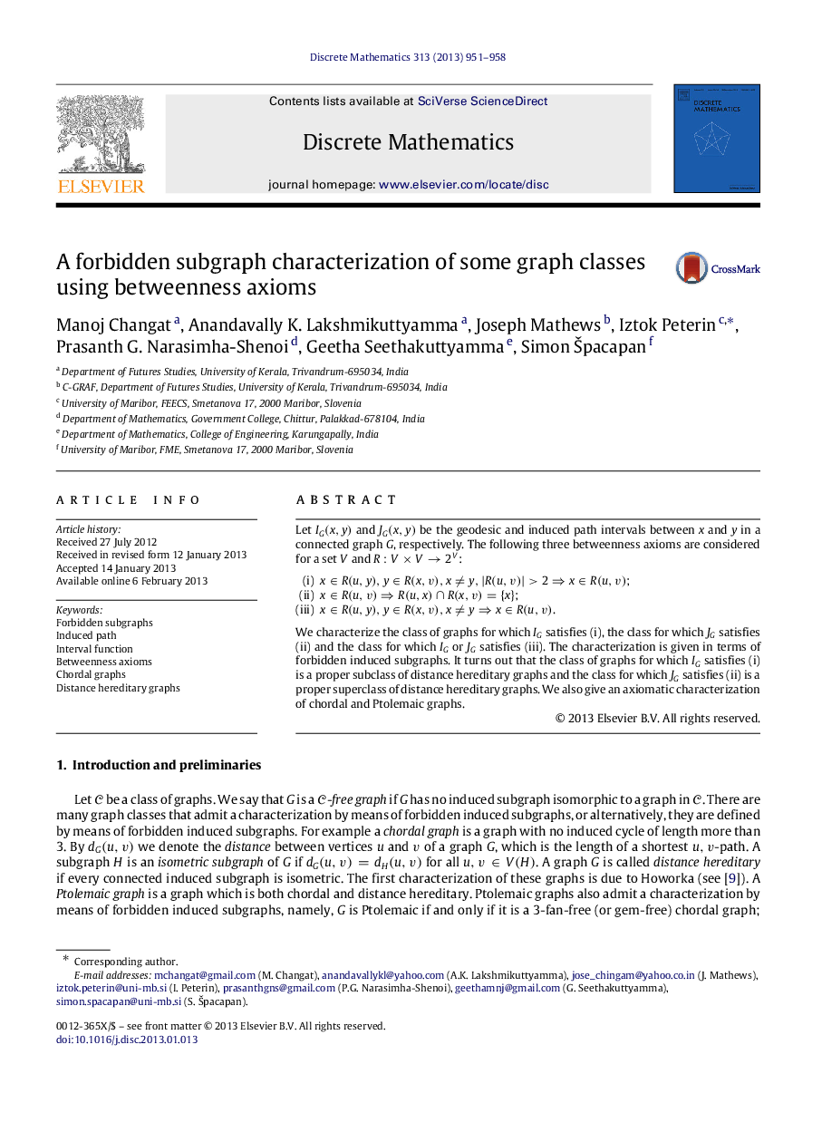 A forbidden subgraph characterization of some graph classes using betweenness axioms