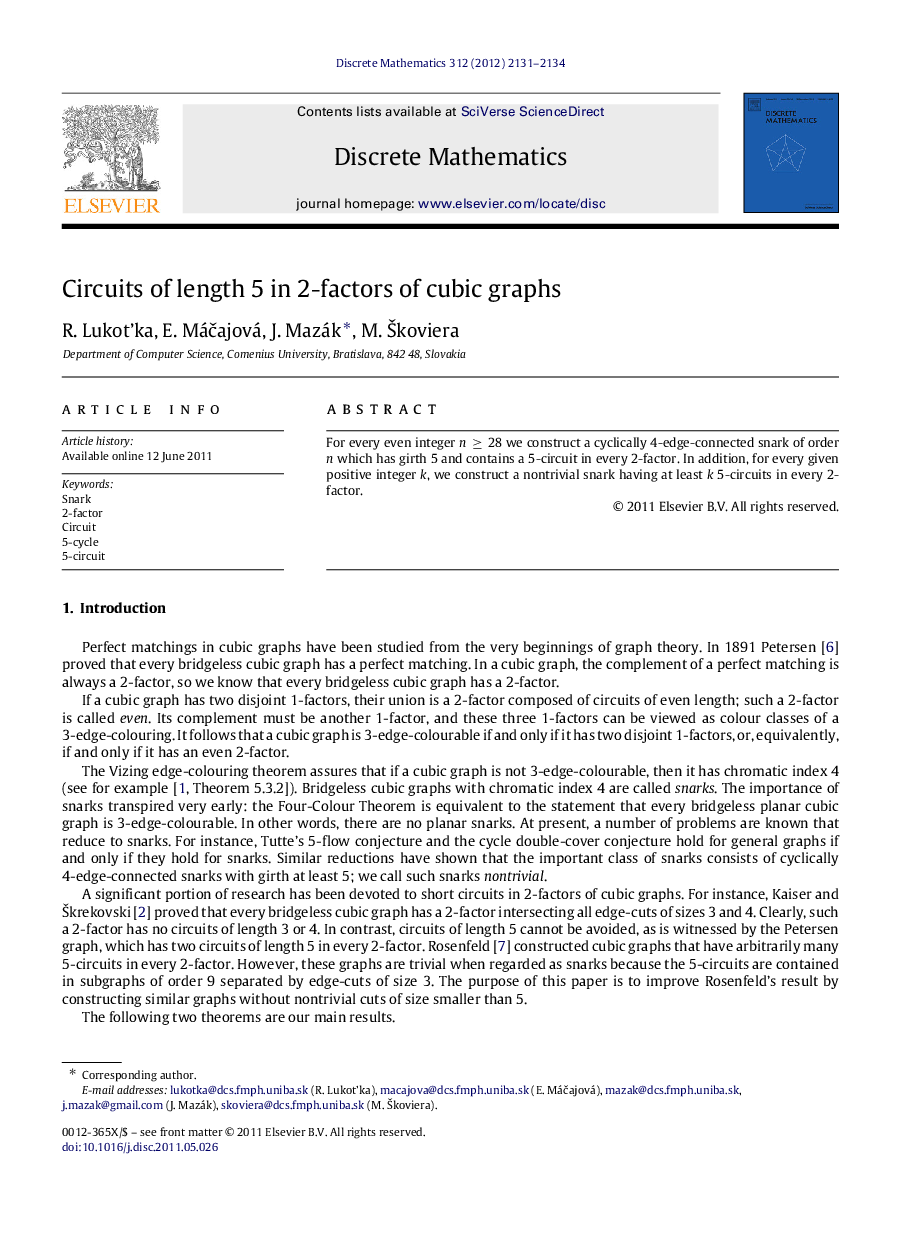 Circuits of length 5 in 2-factors of cubic graphs