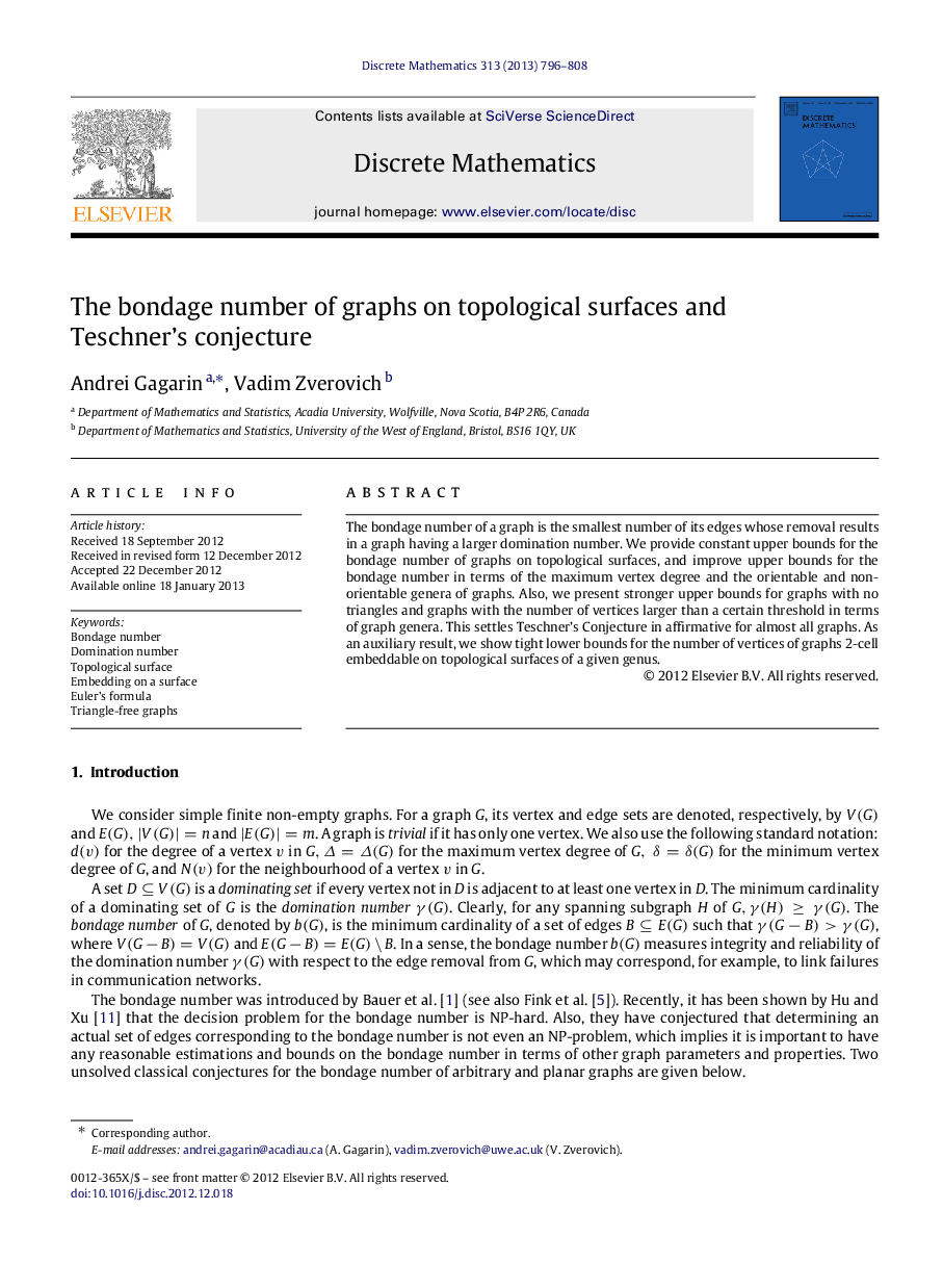 The bondage number of graphs on topological surfaces and Teschner's conjecture