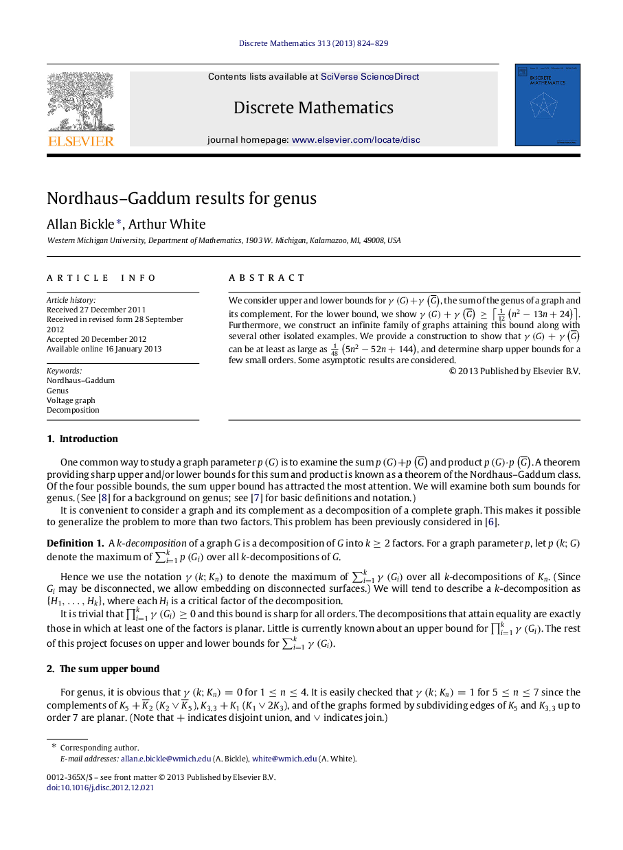 Nordhaus–Gaddum results for genus