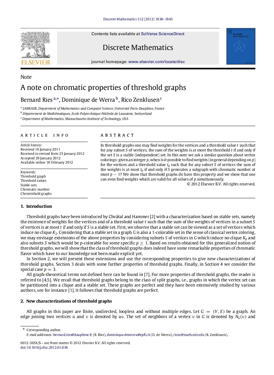 عکس صفحه اول مقاله: A note on chromatic properties of threshold graphs A note on chromatic properties of threshold graphs