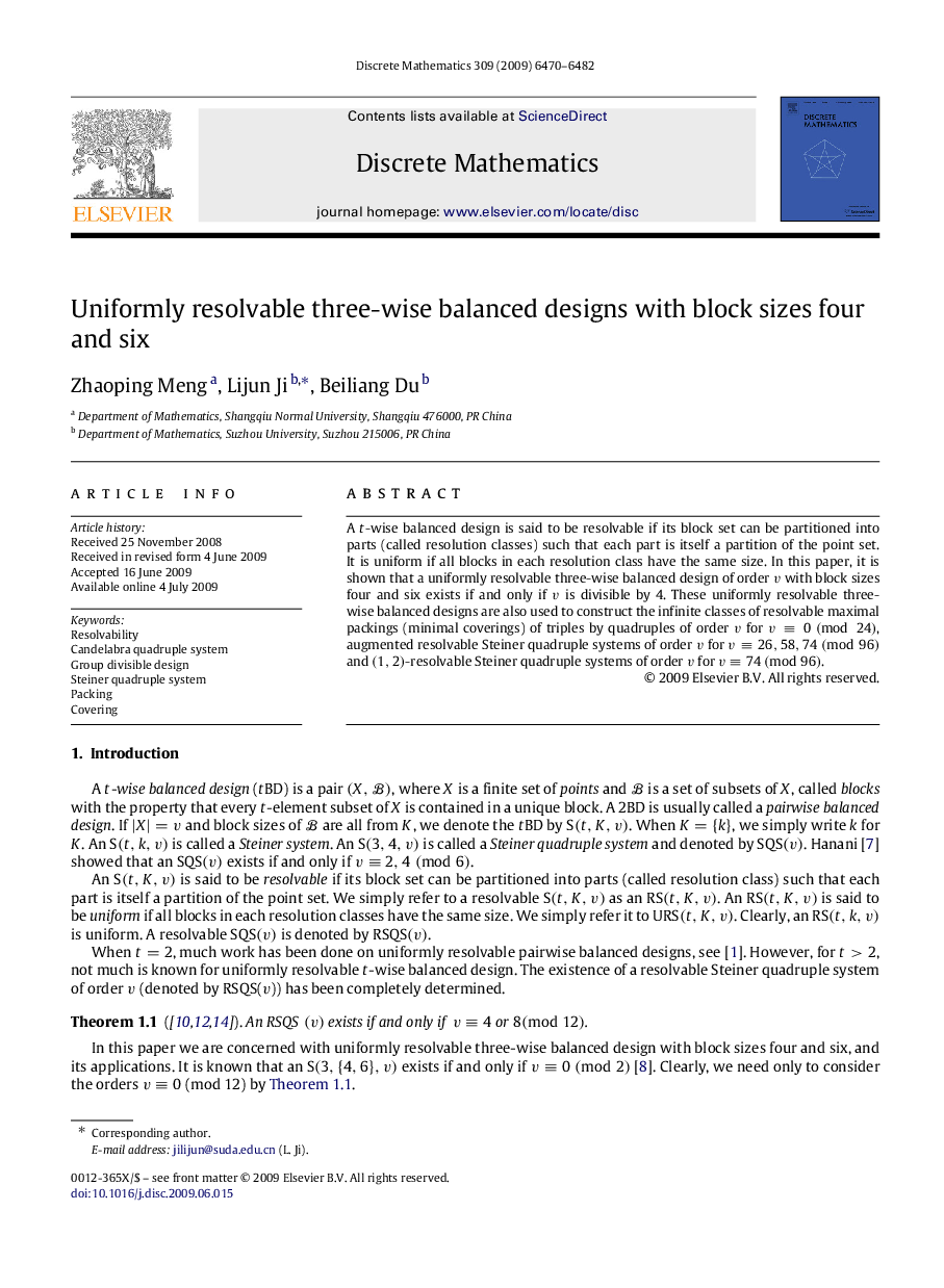 Uniformly resolvable three-wise balanced designs with block sizes four and six