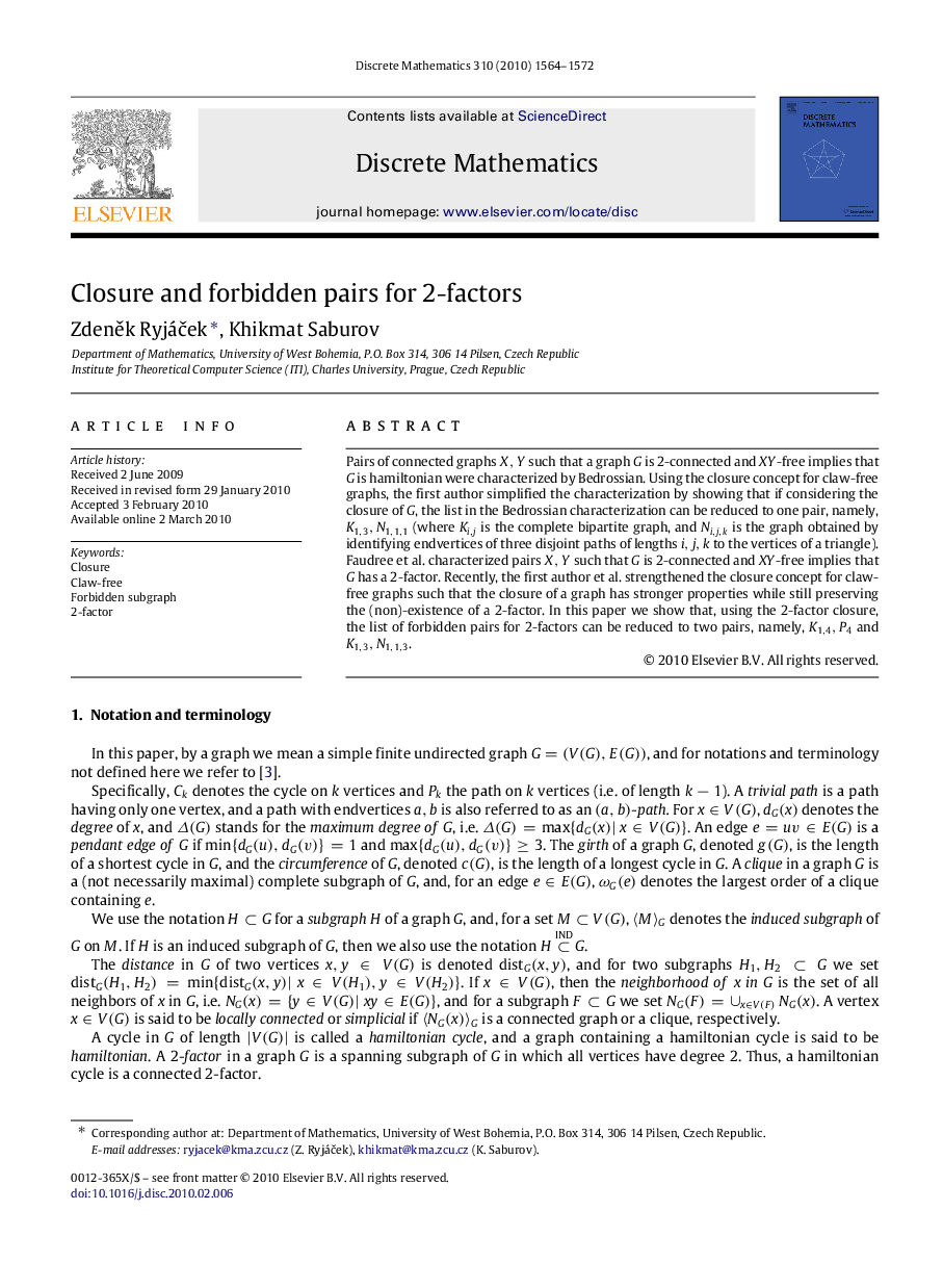 عکس صفحه اول مقاله: Closure and forbidden pairs for 2-factors Closure and forbidden pairs for 2-factors