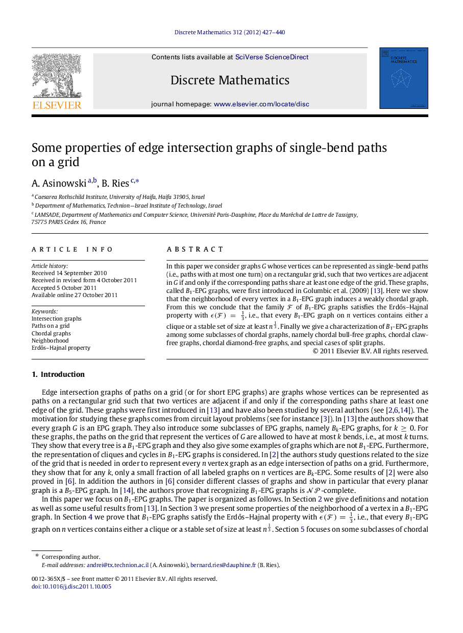 Some properties of edge intersection graphs of single-bend paths on a grid