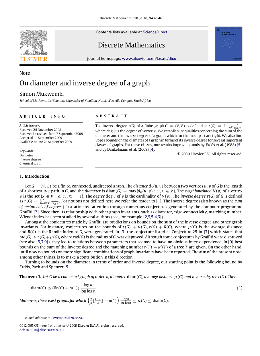 On diameter and inverse degree of a graph