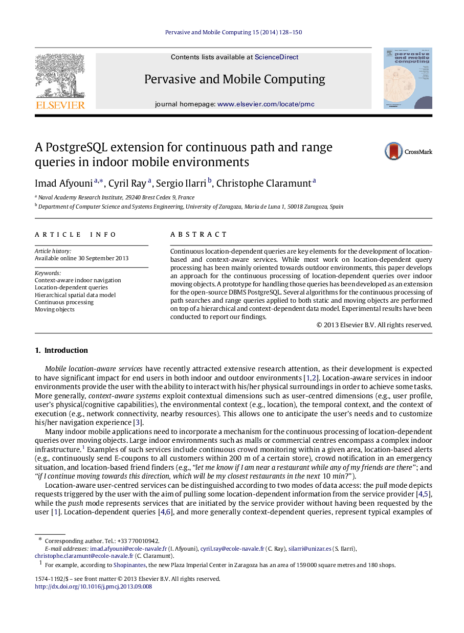 A PostgreSQL extension for continuous path and range queries in indoor mobile environments