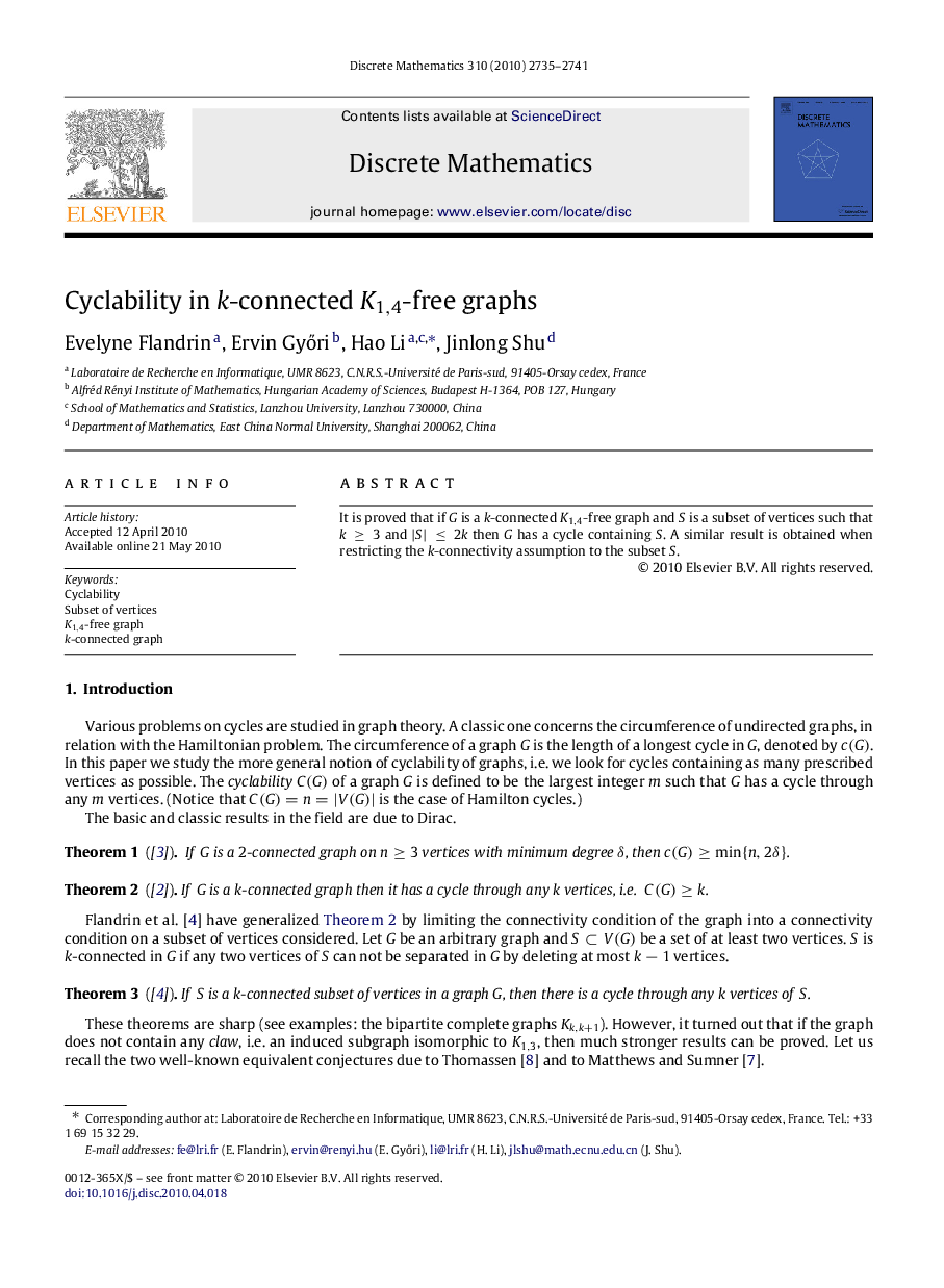 Cyclability in kk-connected K1,4K1,4-free graphs