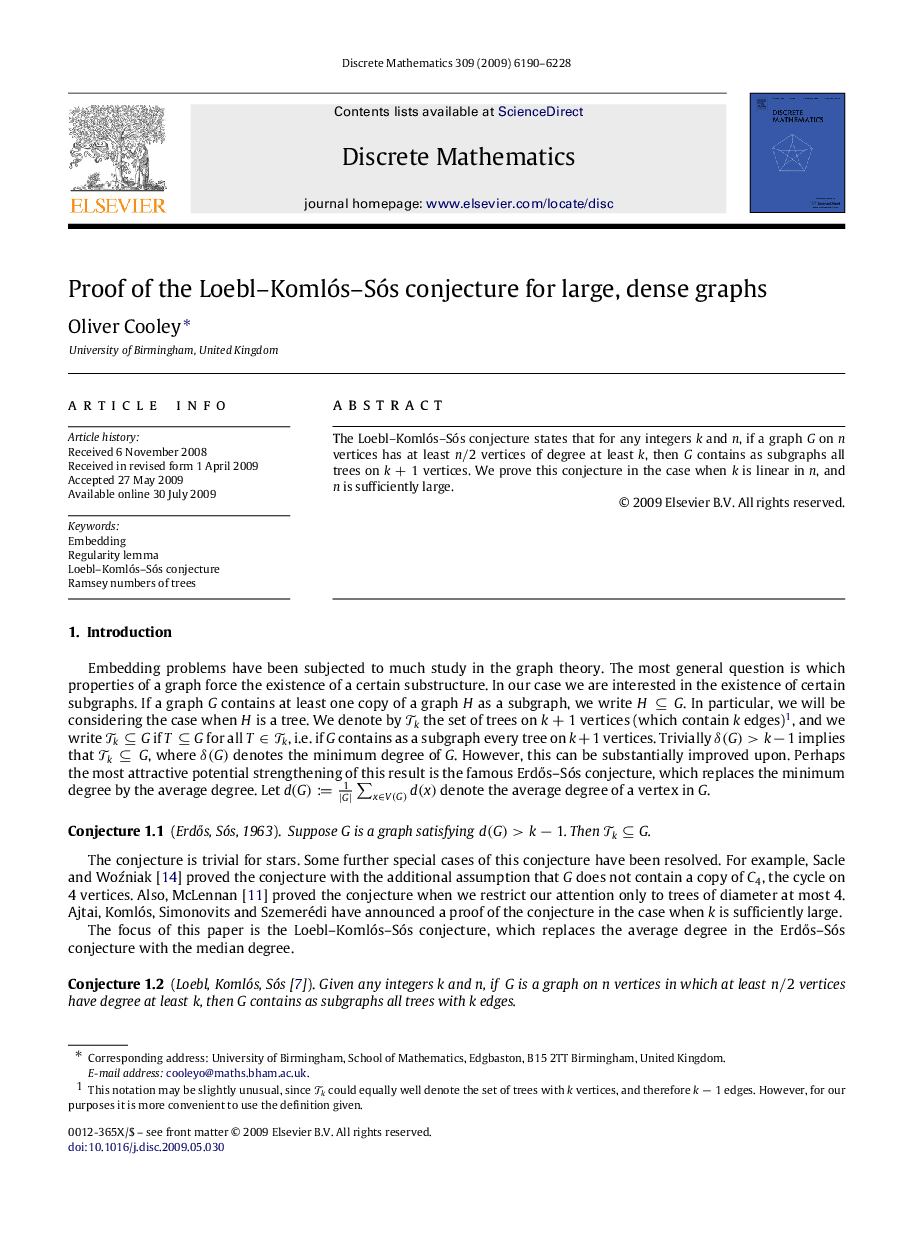 Proof of the Loebl–Komlós–Sós conjecture for large, dense graphs