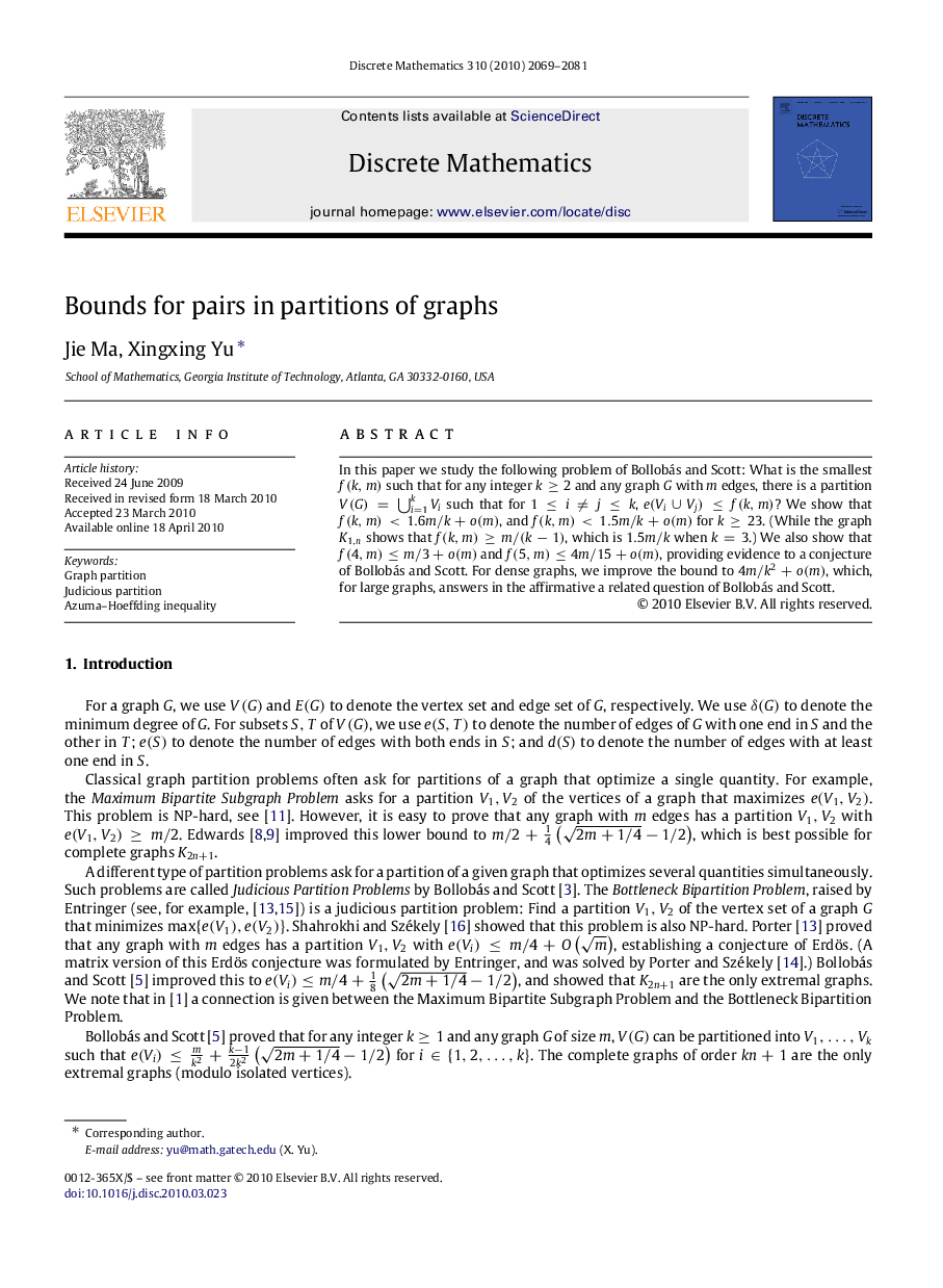 Bounds for pairs in partitions of graphs