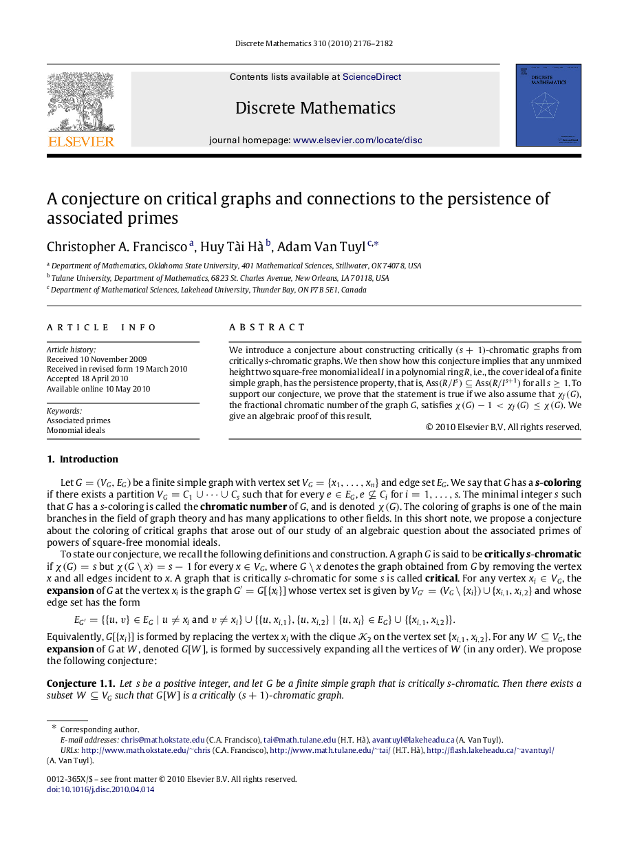 A conjecture on critical graphs and connections to the persistence of associated primes