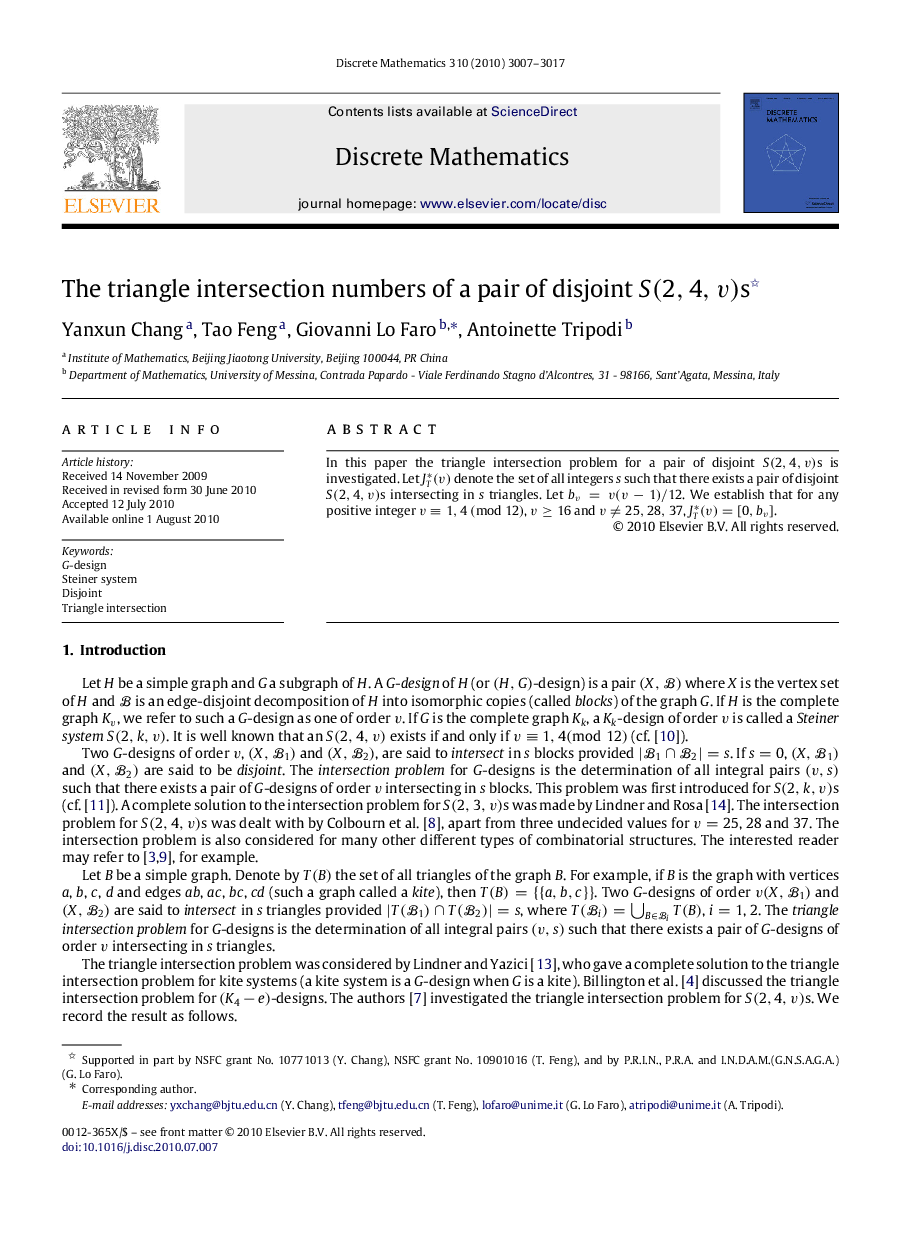 The triangle intersection numbers of a pair of disjoint S(2,4,v)S(2,4,v)s 