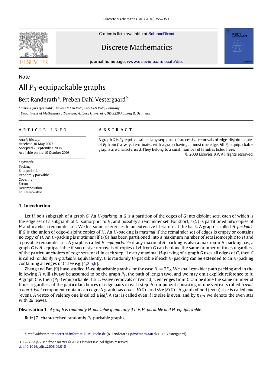 عکس صفحه اول مقاله: All P3P3-equipackable graphs All P3P3-equipackable graphs