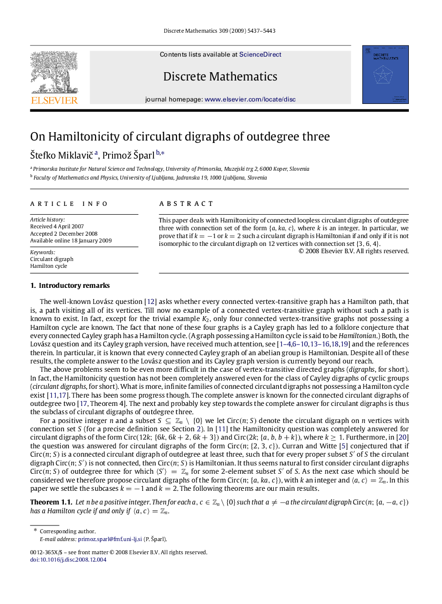 On Hamiltonicity of circulant digraphs of outdegree three