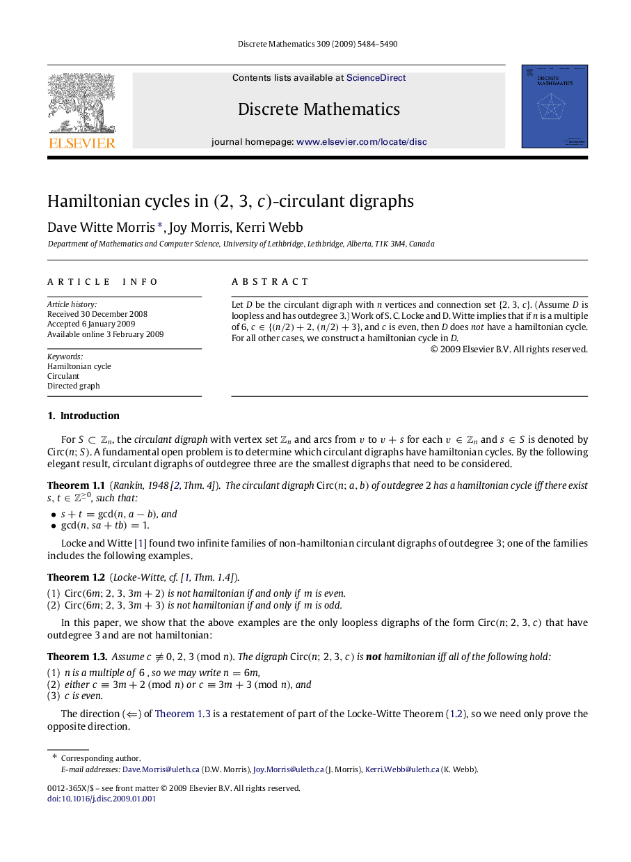 Hamiltonian cycles in (2,3,c)(2,3,c)-circulant digraphs